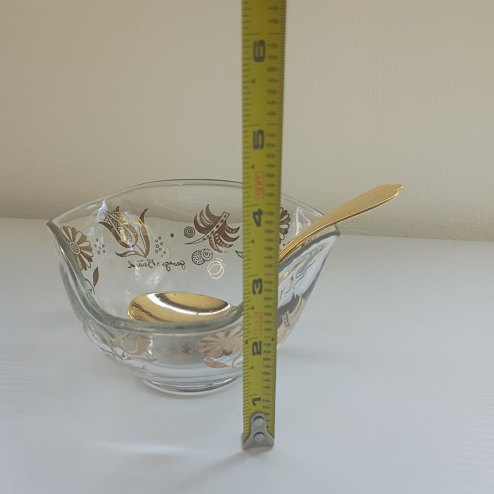 MCM Georges Briard Gold Floral Glass Bowl Jacobean Flowers W/ Gold Spoon - Picture 15 of 16